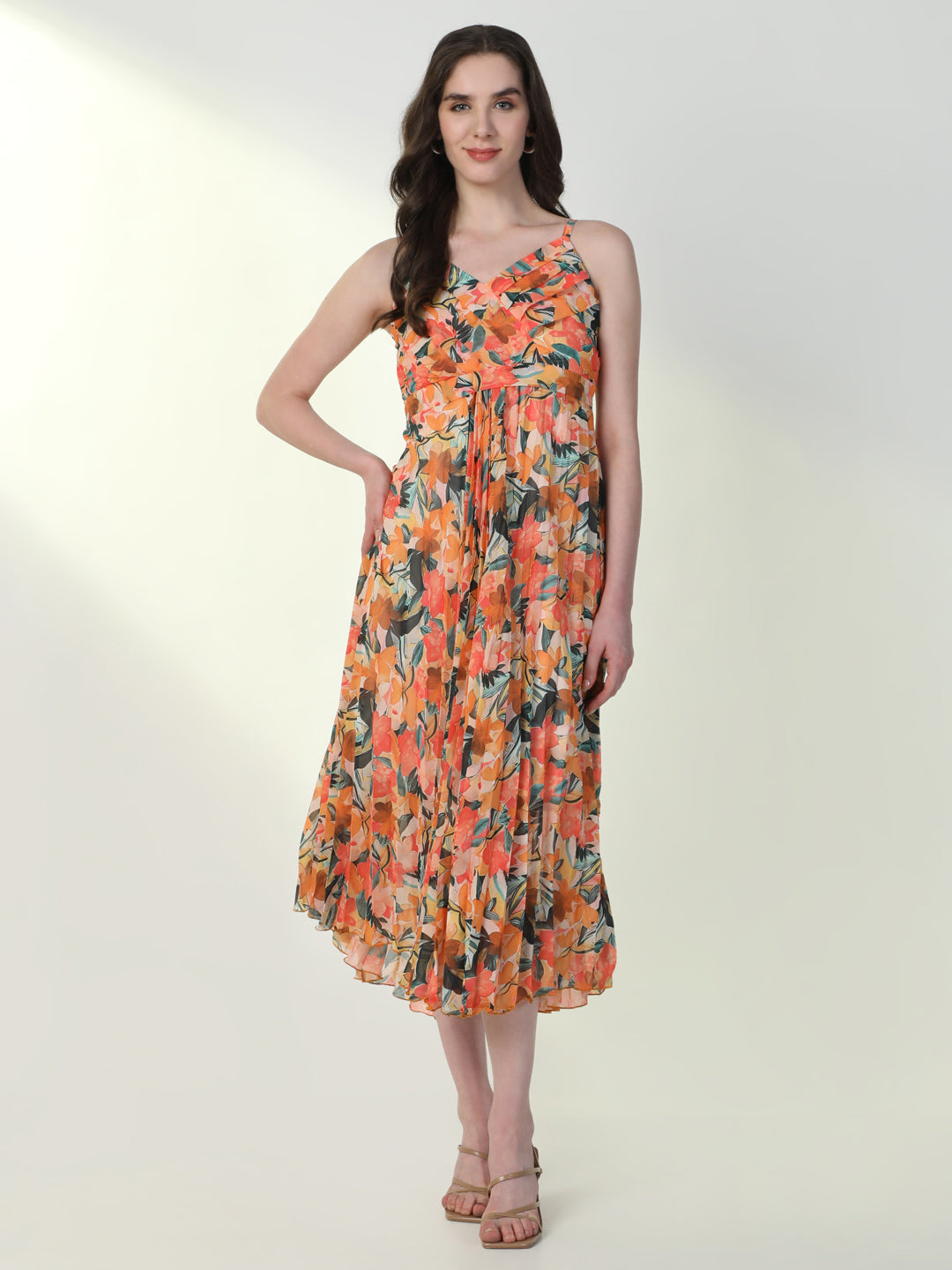 Women Floral Orange Flared Dress