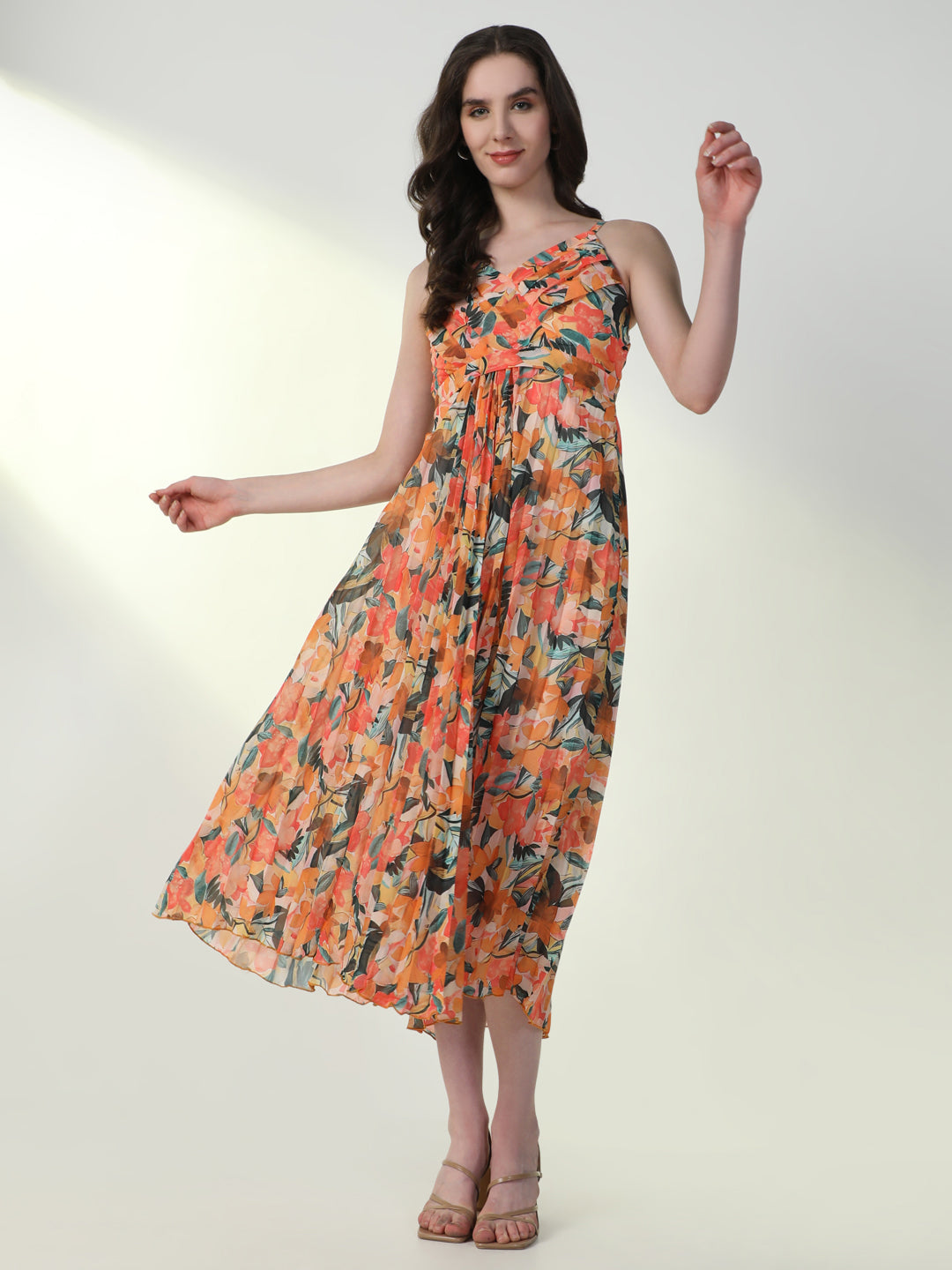 Women Floral Orange Flared Dress