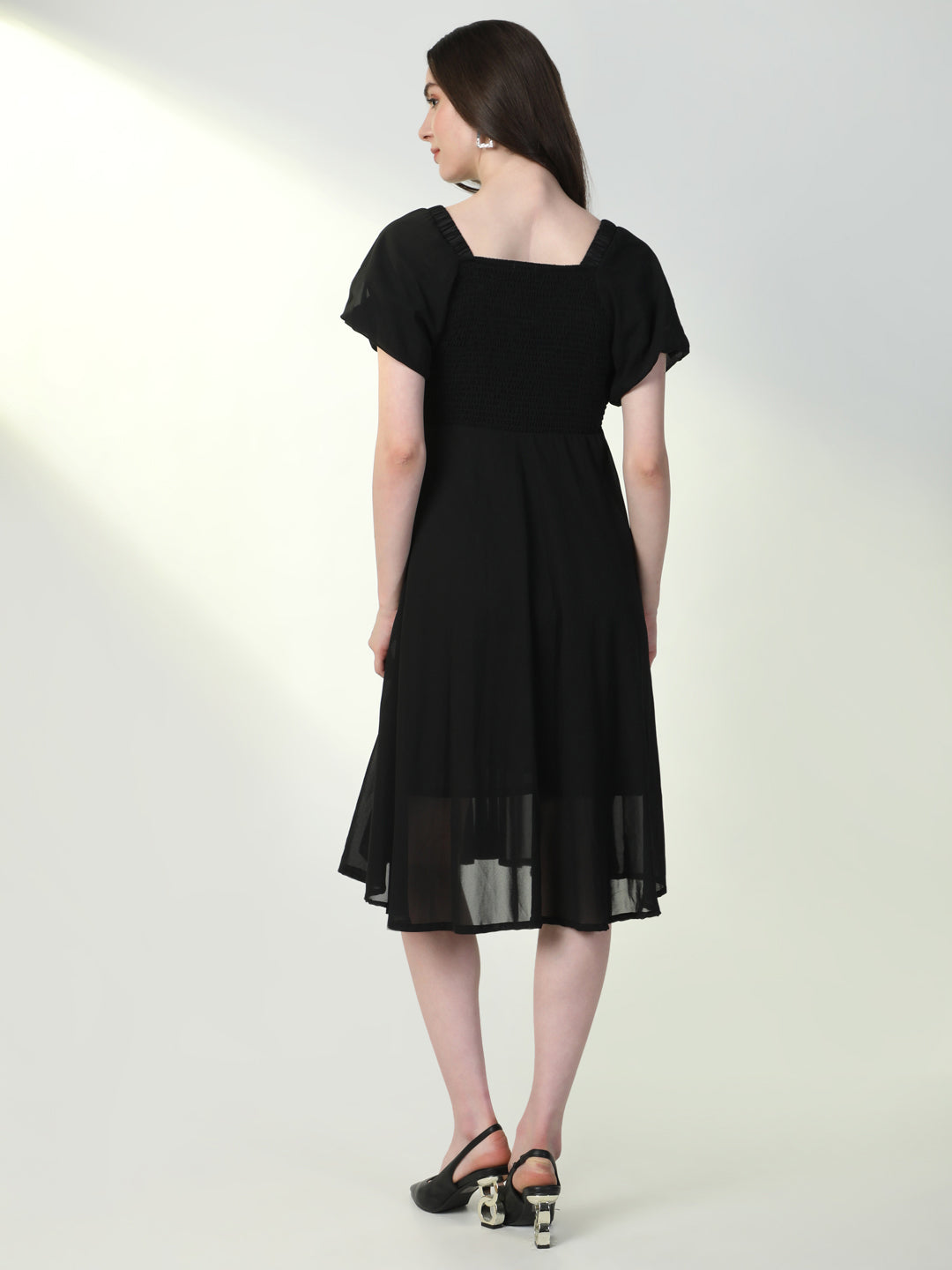 Women Solid Black Flared Dress