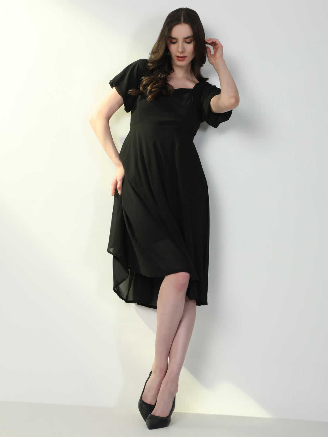 Women Solid Black Flared Dress