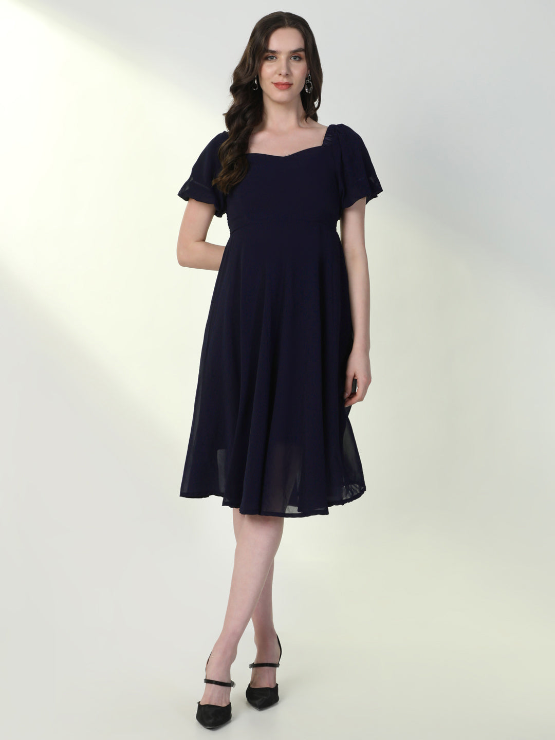 Women Solid Navy Blue Flared Dress