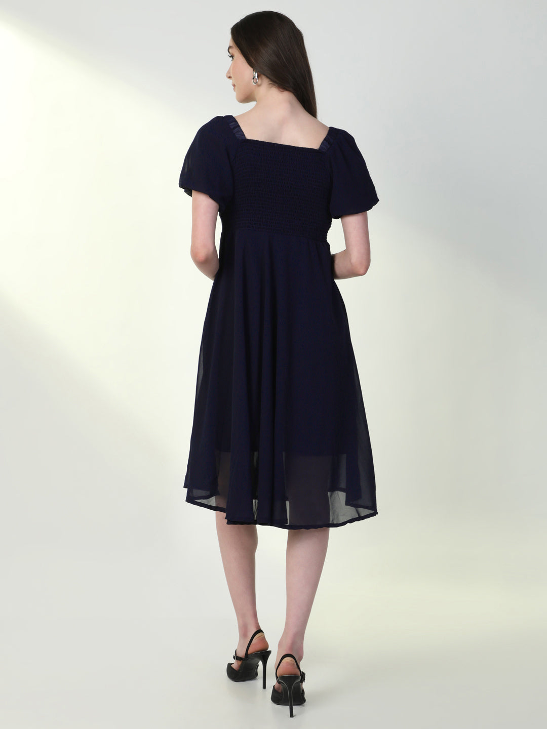 Women Solid Navy Blue Flared Dress