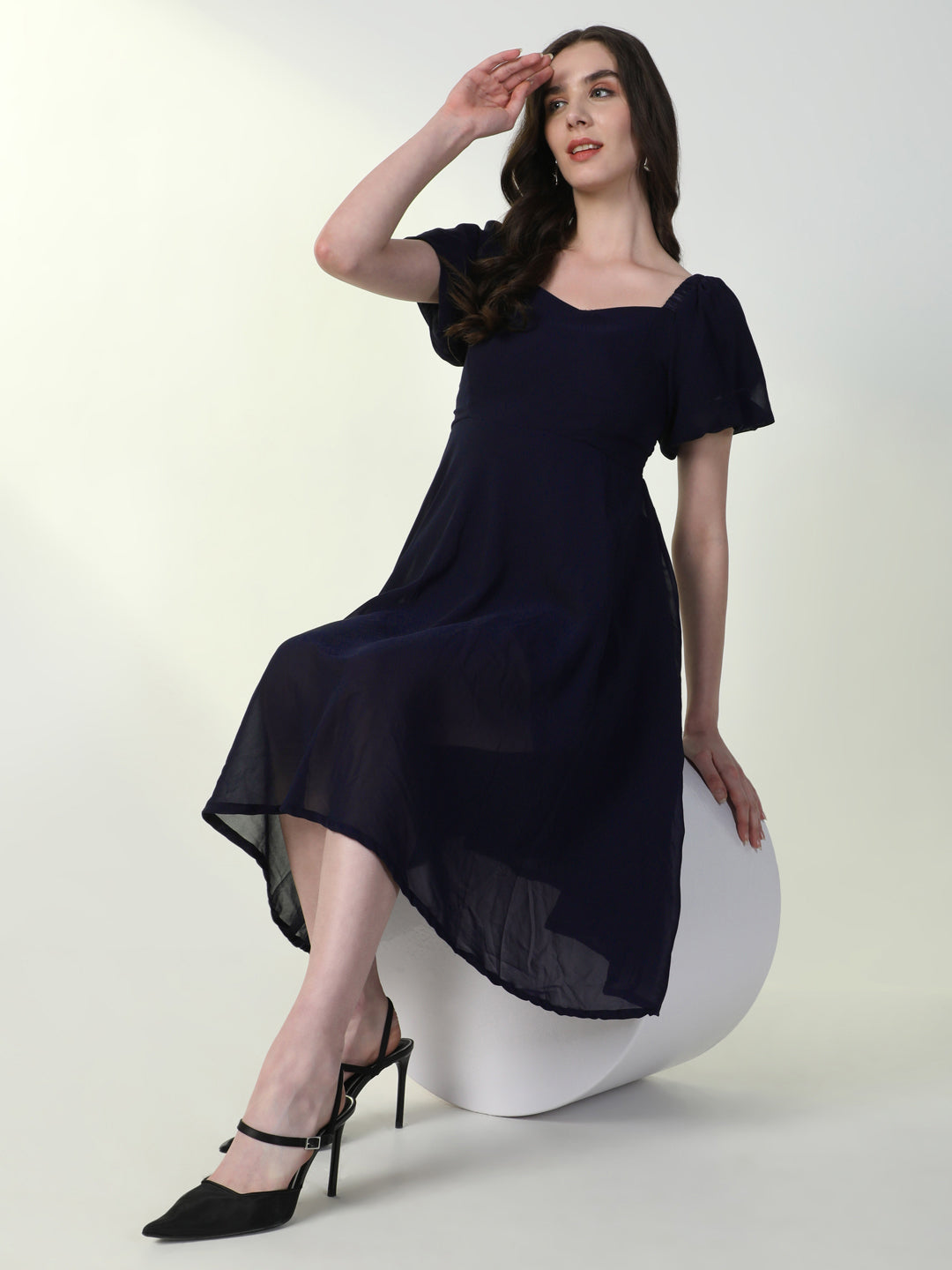 Women Solid Navy Blue Flared Dress