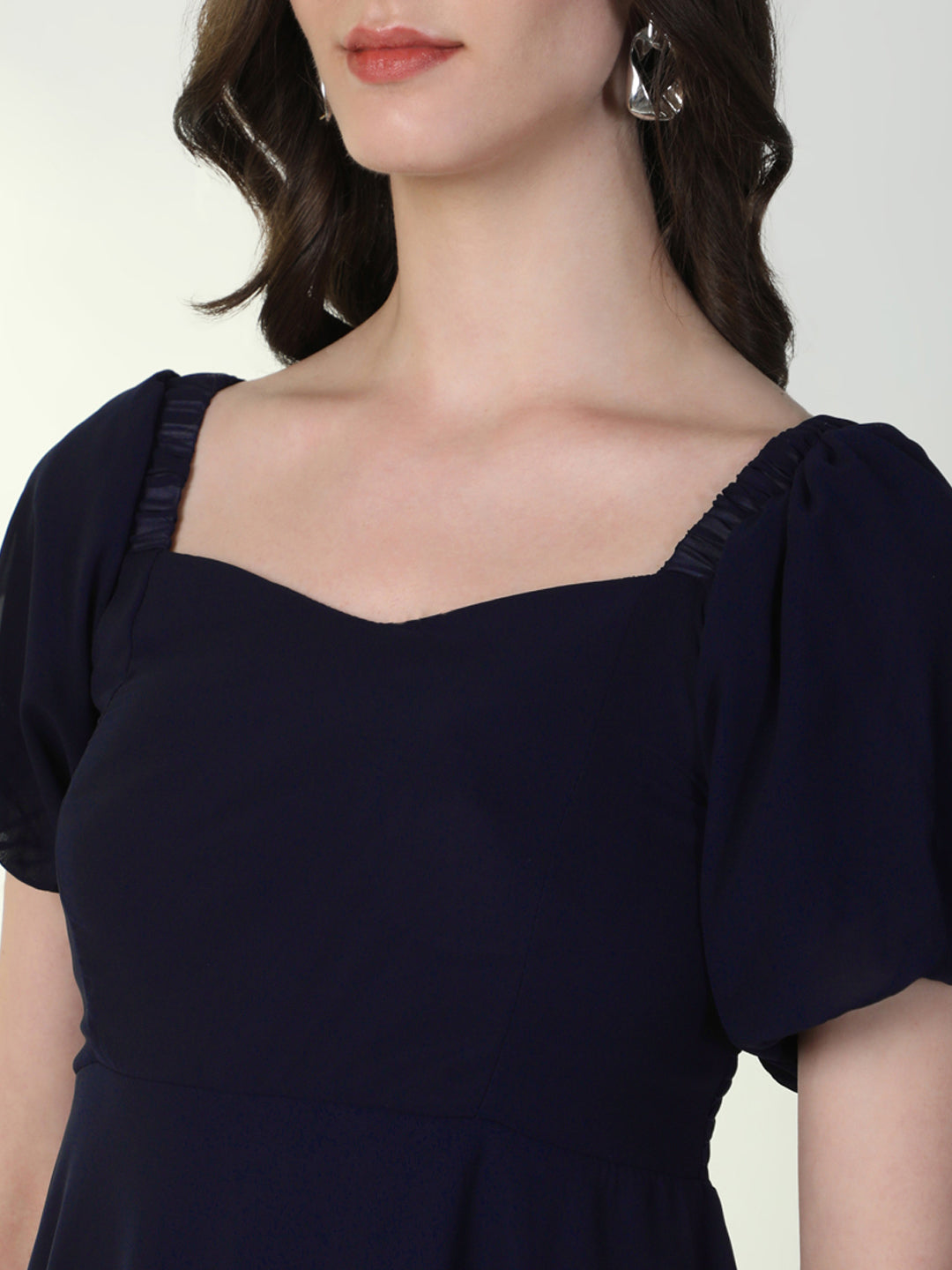 Women Solid Navy Blue Flared Dress