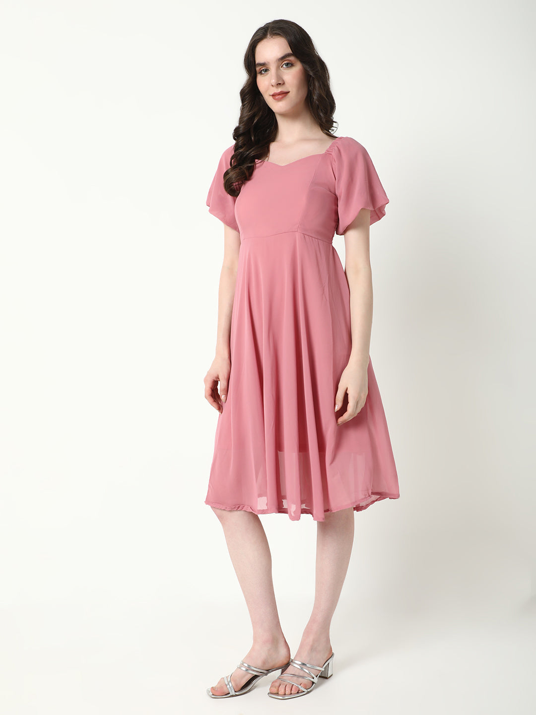 Women Solid Pink Flared Dress