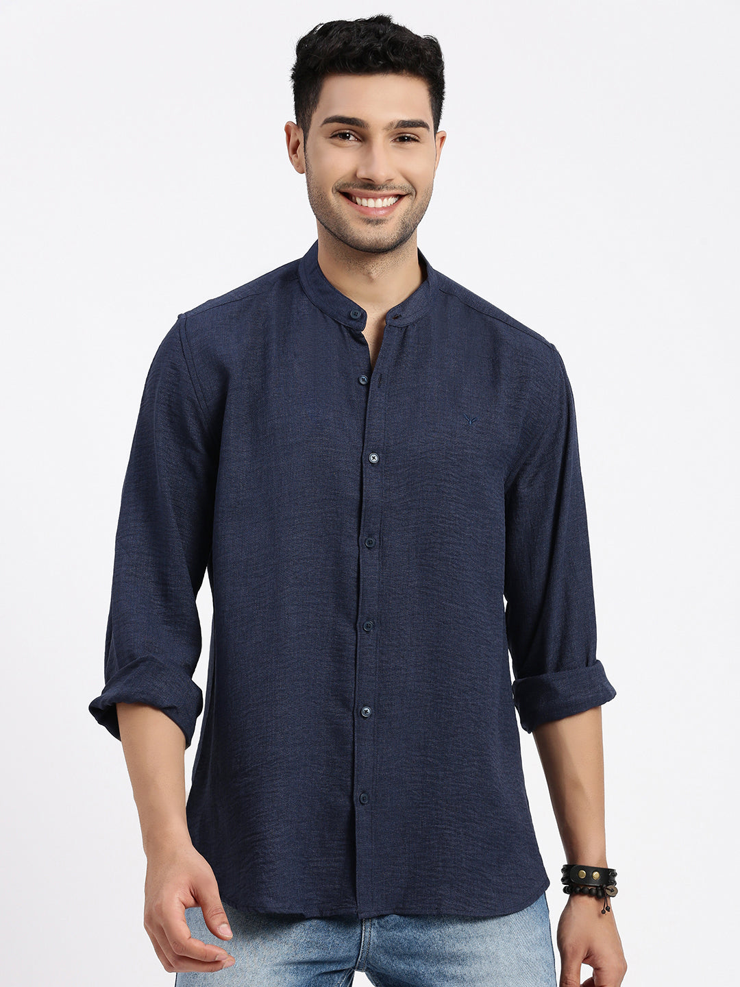 Men Navy Blue Solid Slim Fit Shirt