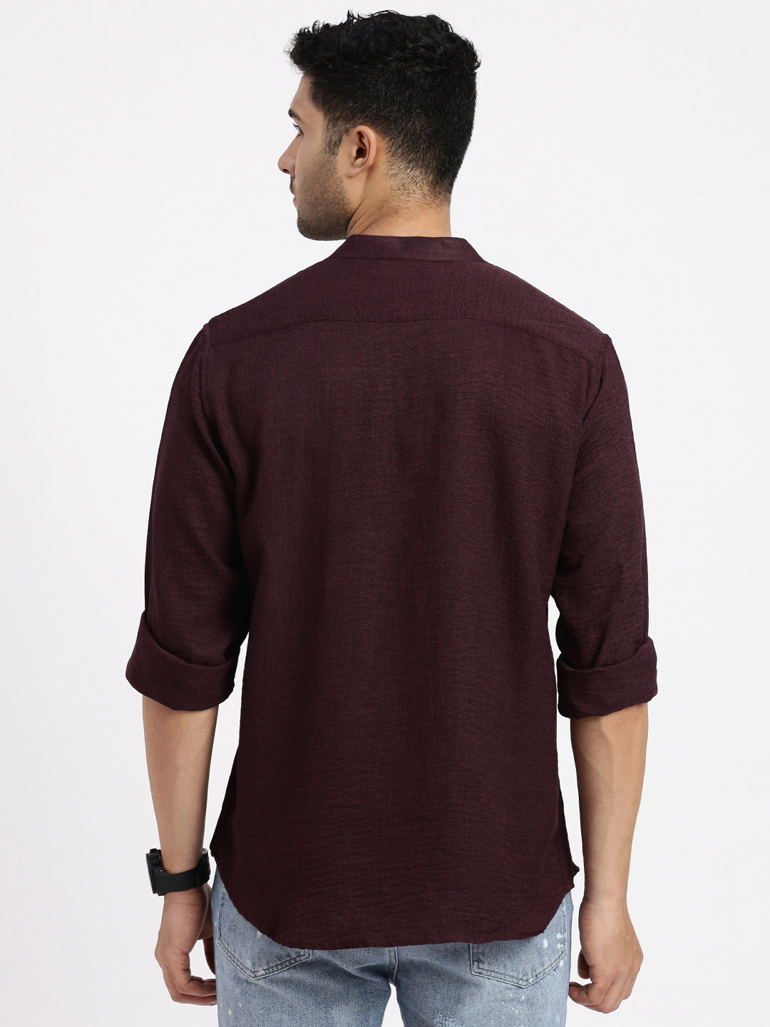 Men Burgundy Solid Slim Fit Shirt