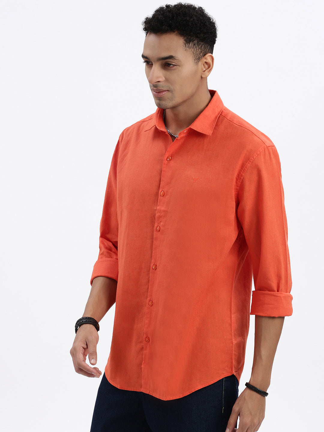 Men Orange Solid Slim Fit Shirt