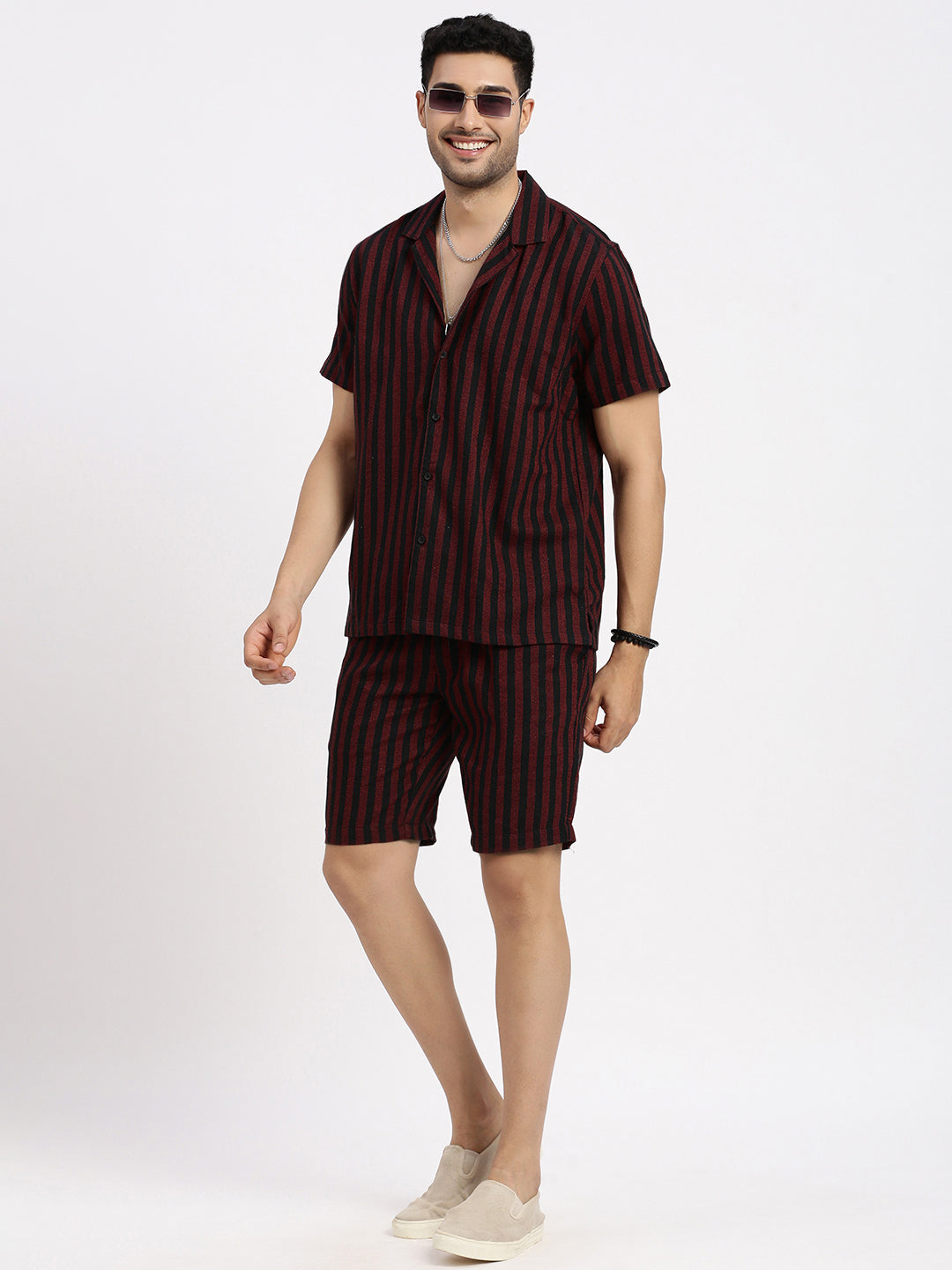 Men Red Striped Co Ords Set