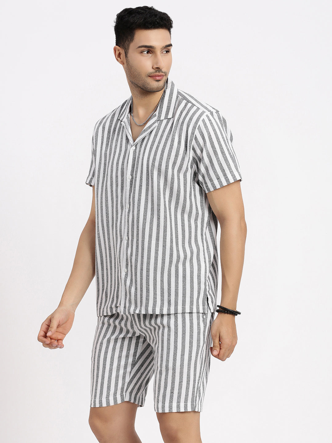 Men White Striped Co Ords Set