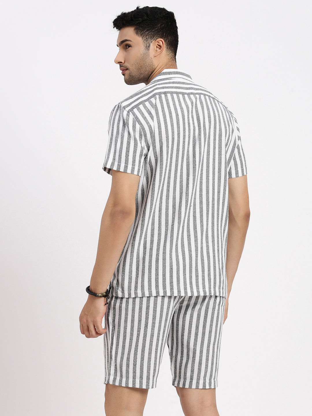 Men White Striped Co Ords Set