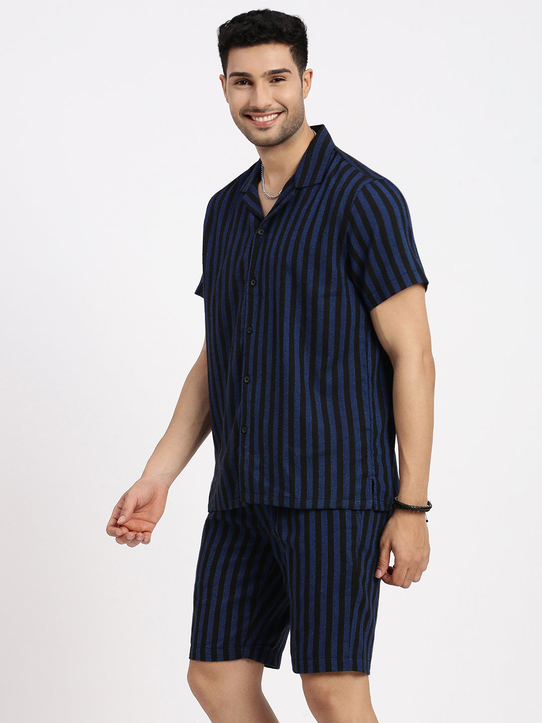 Men Navy Blue Striped Co Ords Set