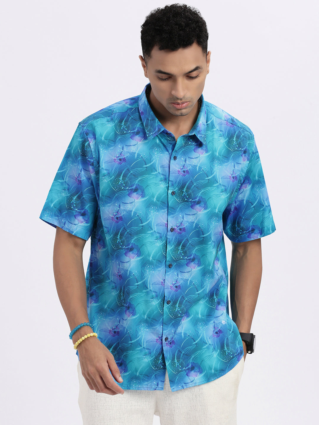 Men Blue Abstract Slim Fit Shirt