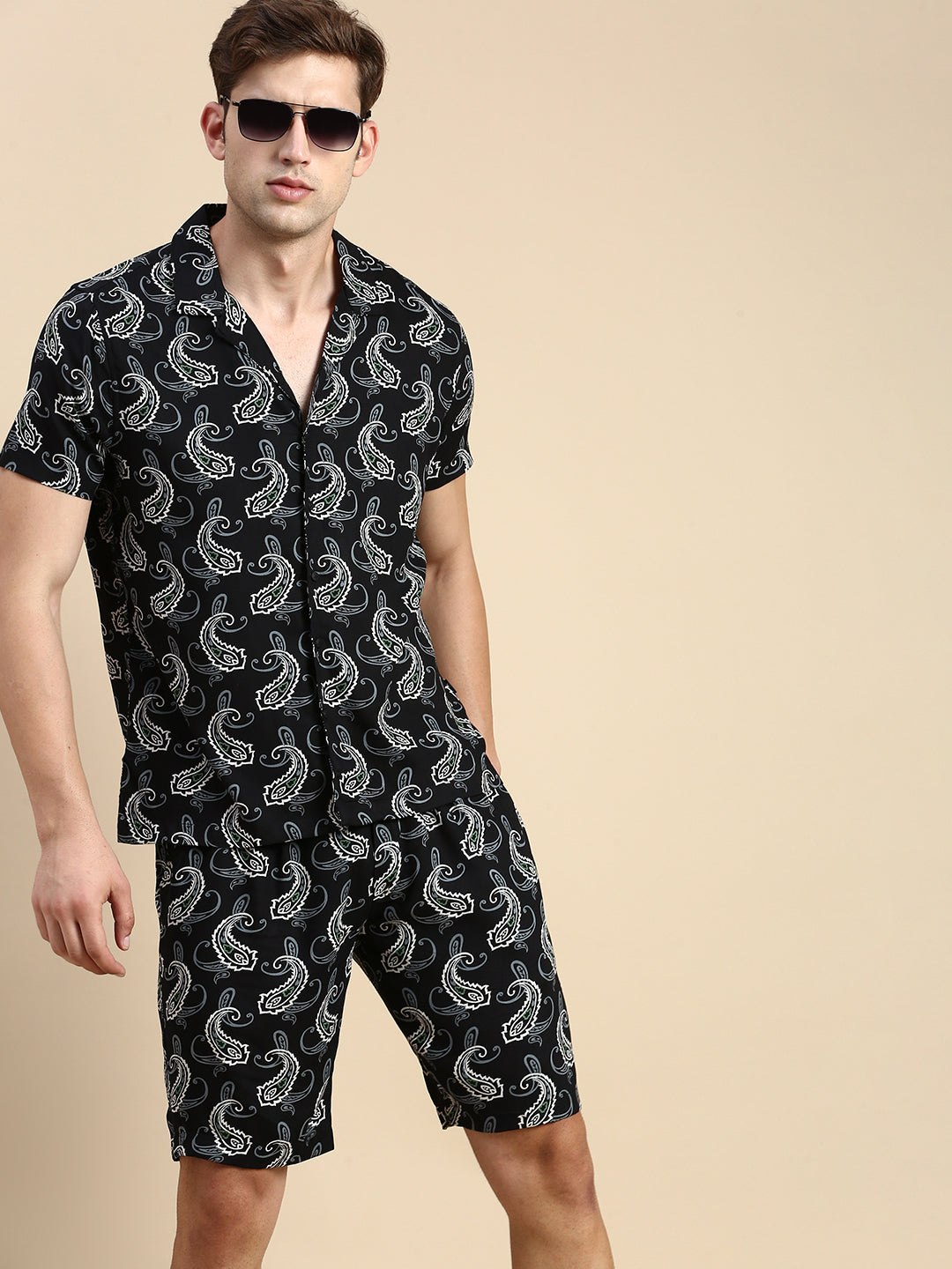 Men Cuban Collar Printed Black Co-Ords Set