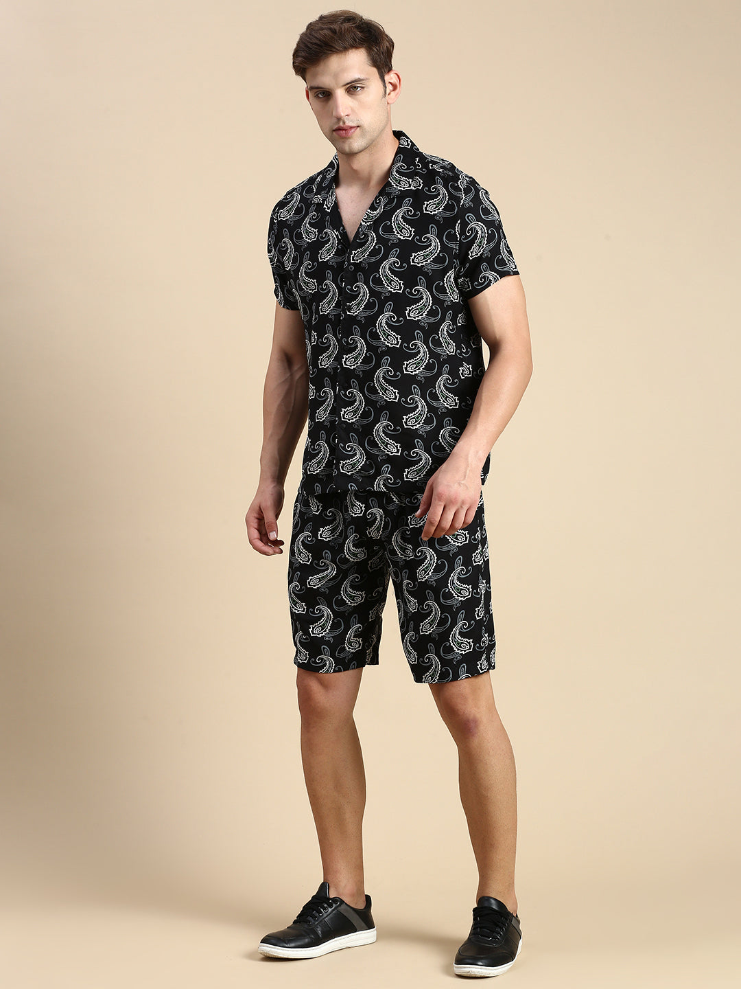 Men Cuban Collar Printed Black Co-Ords Set