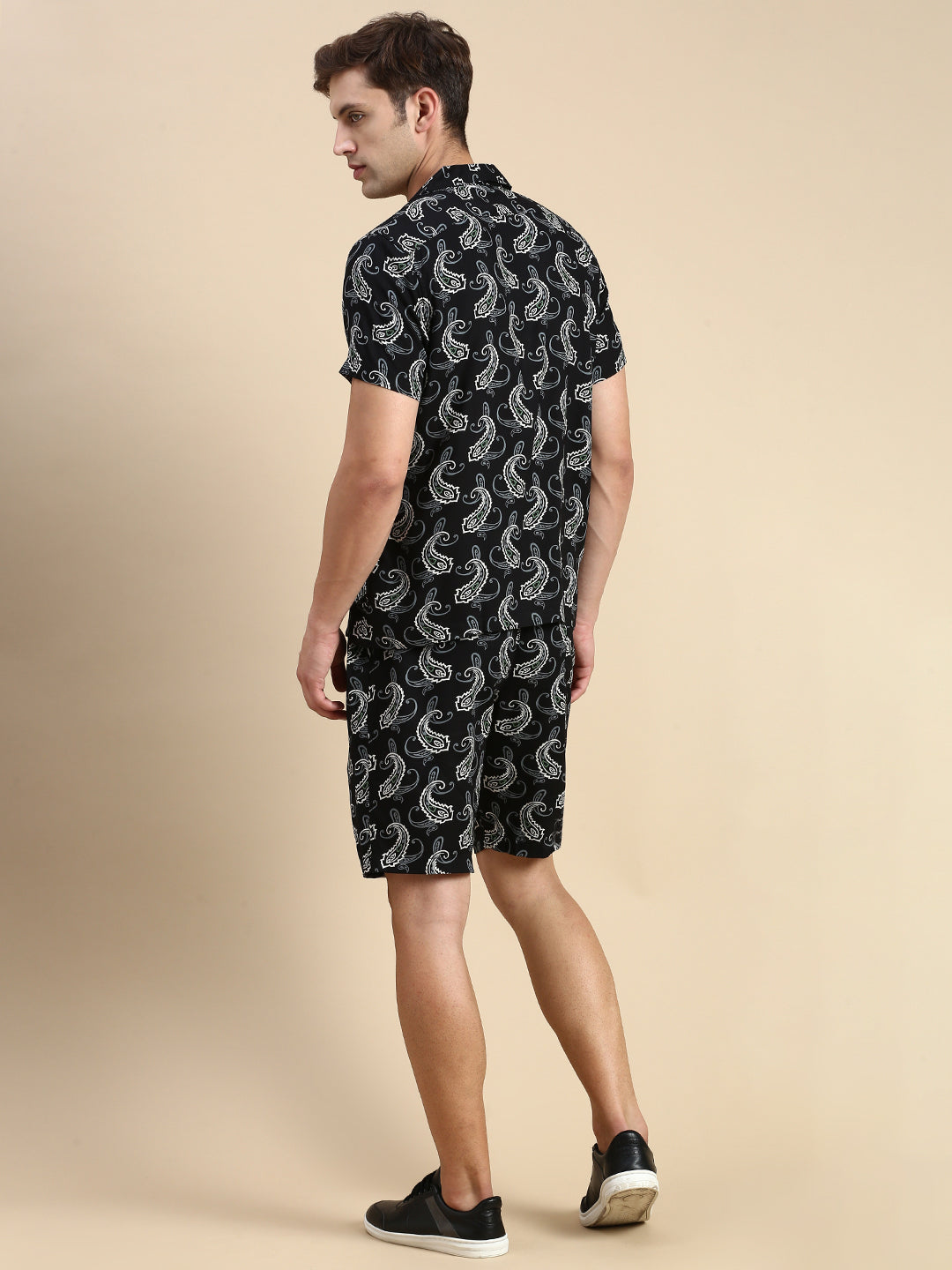 Men Cuban Collar Printed Black Co-Ords Set