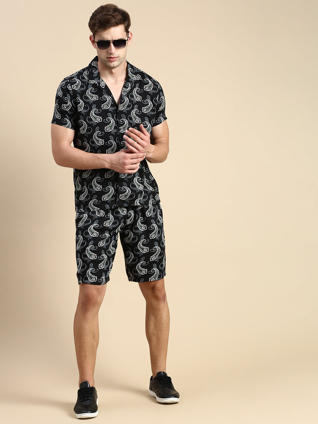 Men Cuban Collar Printed Black Co-Ords Set