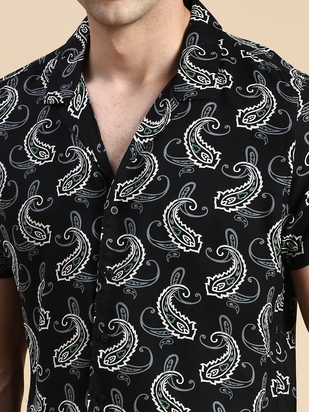 Men Cuban Collar Printed Black Co-Ords Set