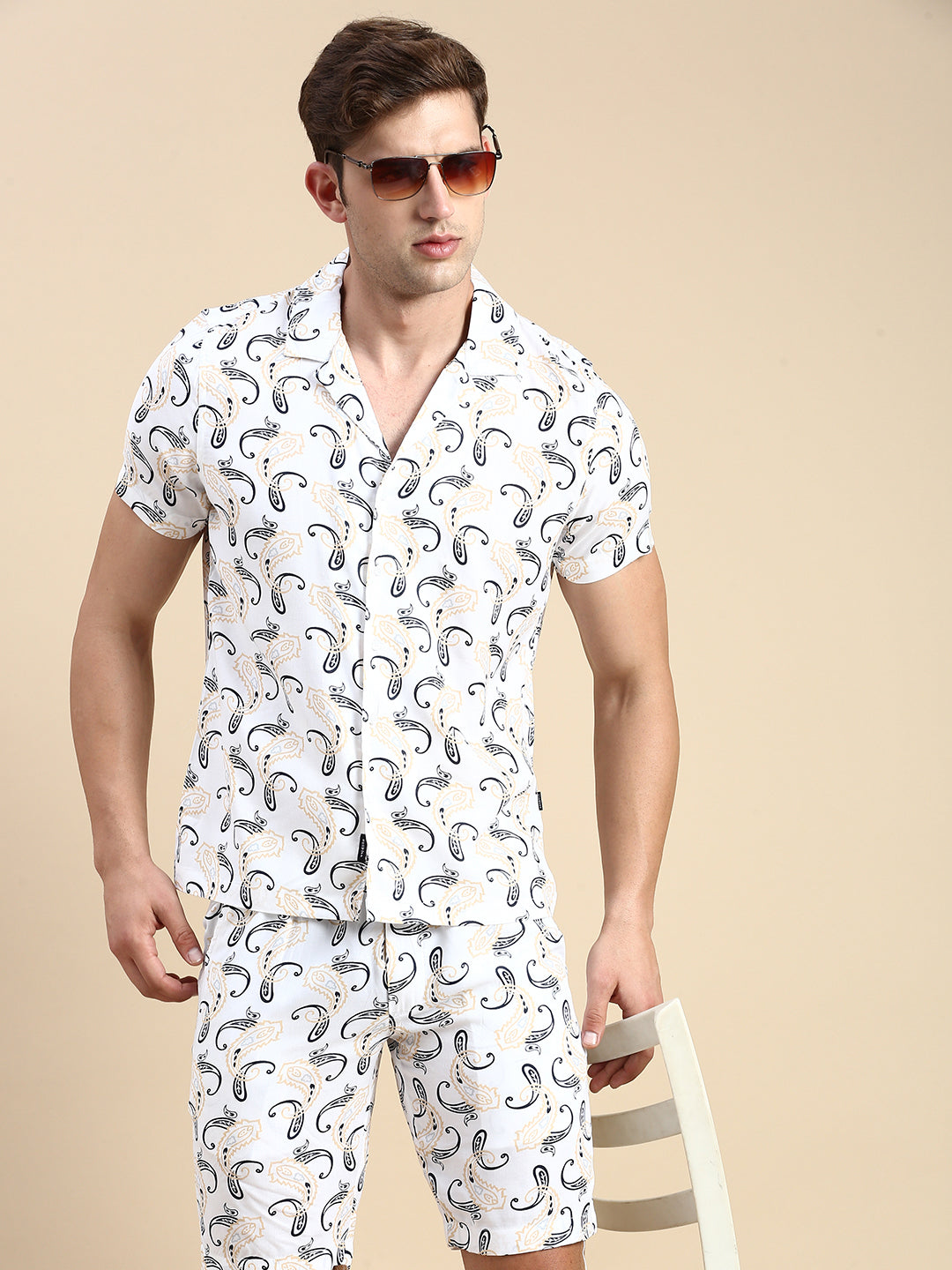 Men Cuban Collar Printed Off White Co-Ords Set