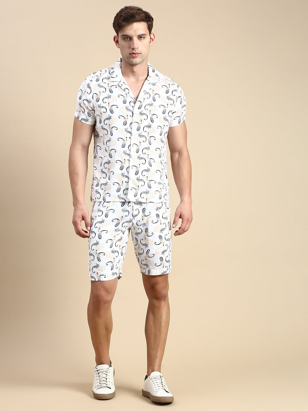 Men Cuban Collar Printed Off White Co-Ords Set