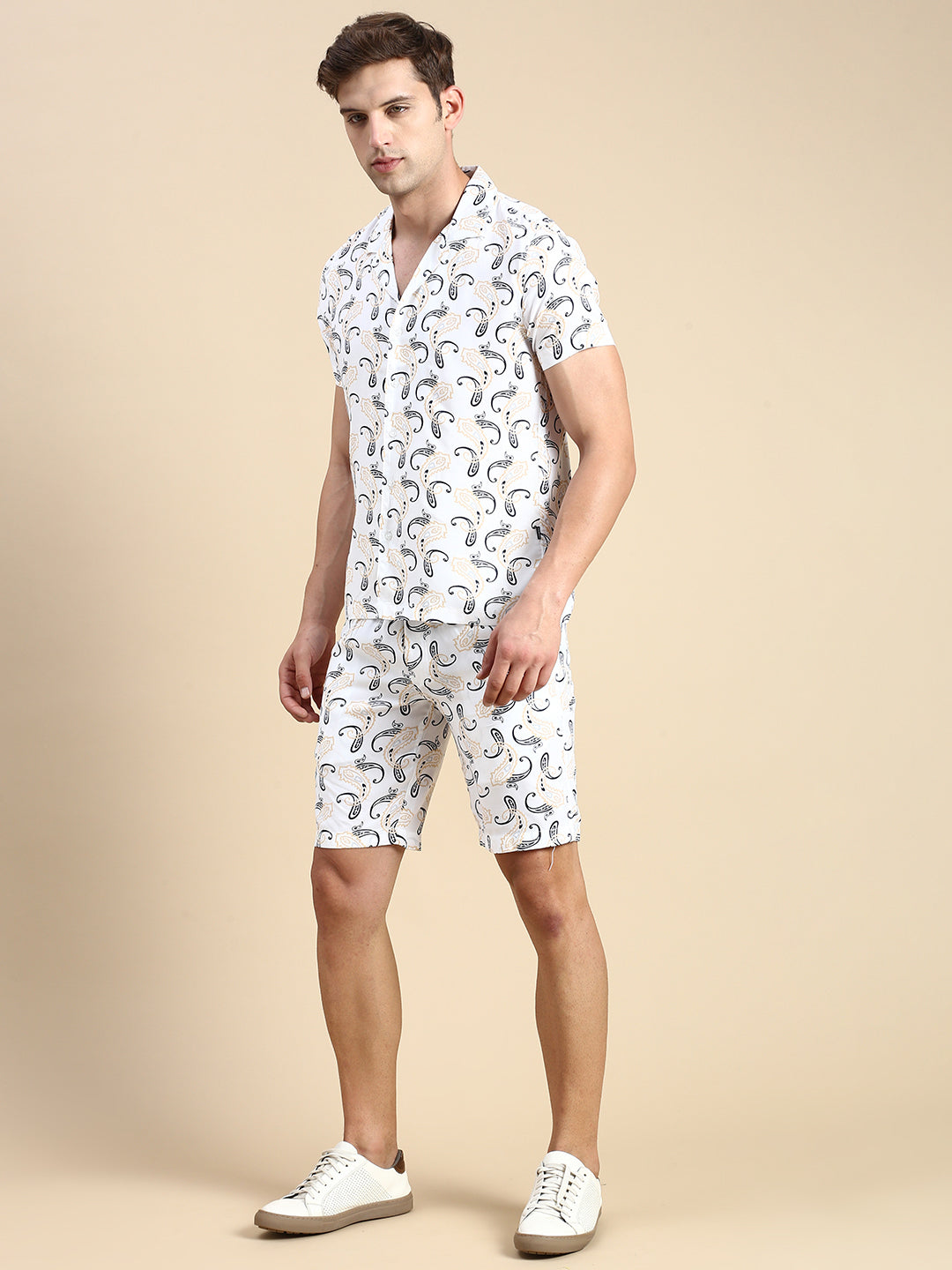 Men Cuban Collar Printed Off White Co-Ords Set