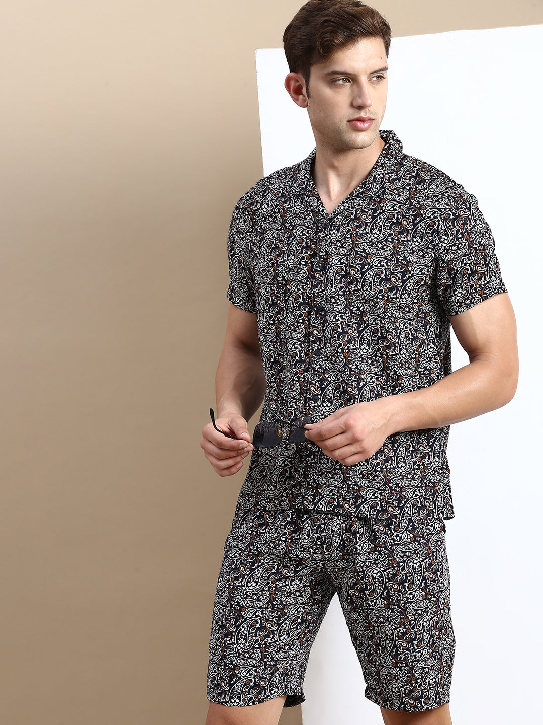 Men Cuban Collar Printed Black Co-Ords Set