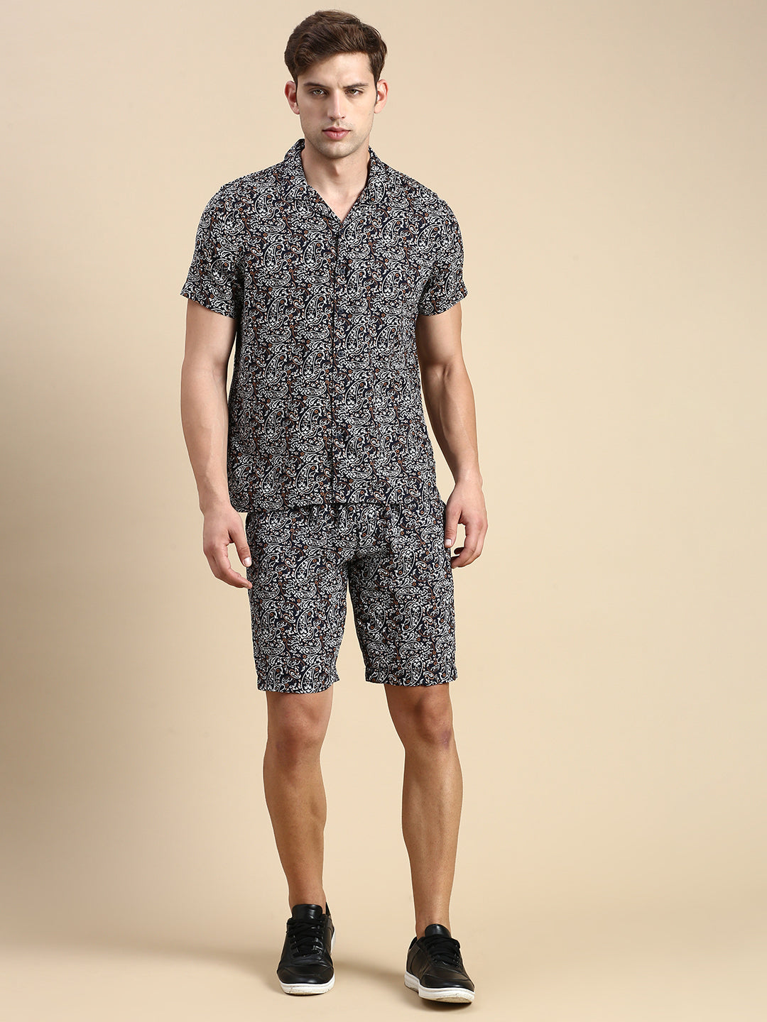 Men Cuban Collar Printed Black Co-Ords Set