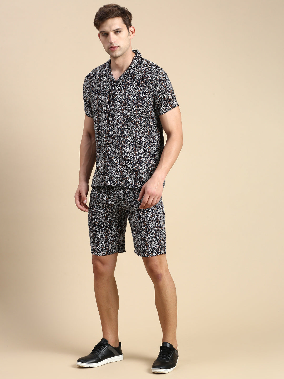 Men Cuban Collar Printed Black Co-Ords Set