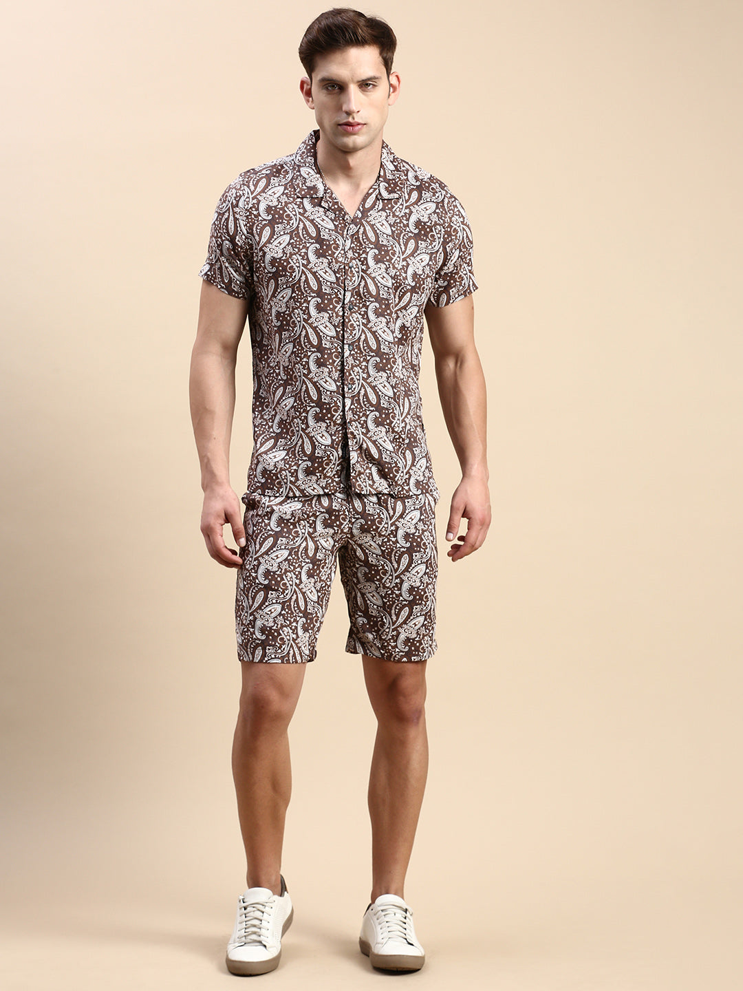 Men Cuban Collar Printed Coffee Brown Co-Ords Set