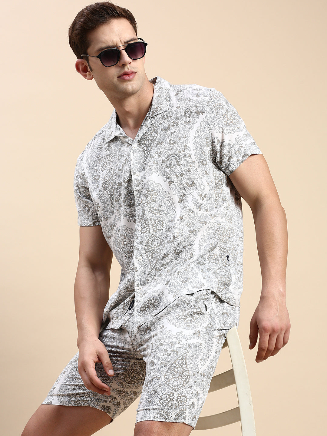 Men Cuban Collar Printed Cream Co-Ords Set