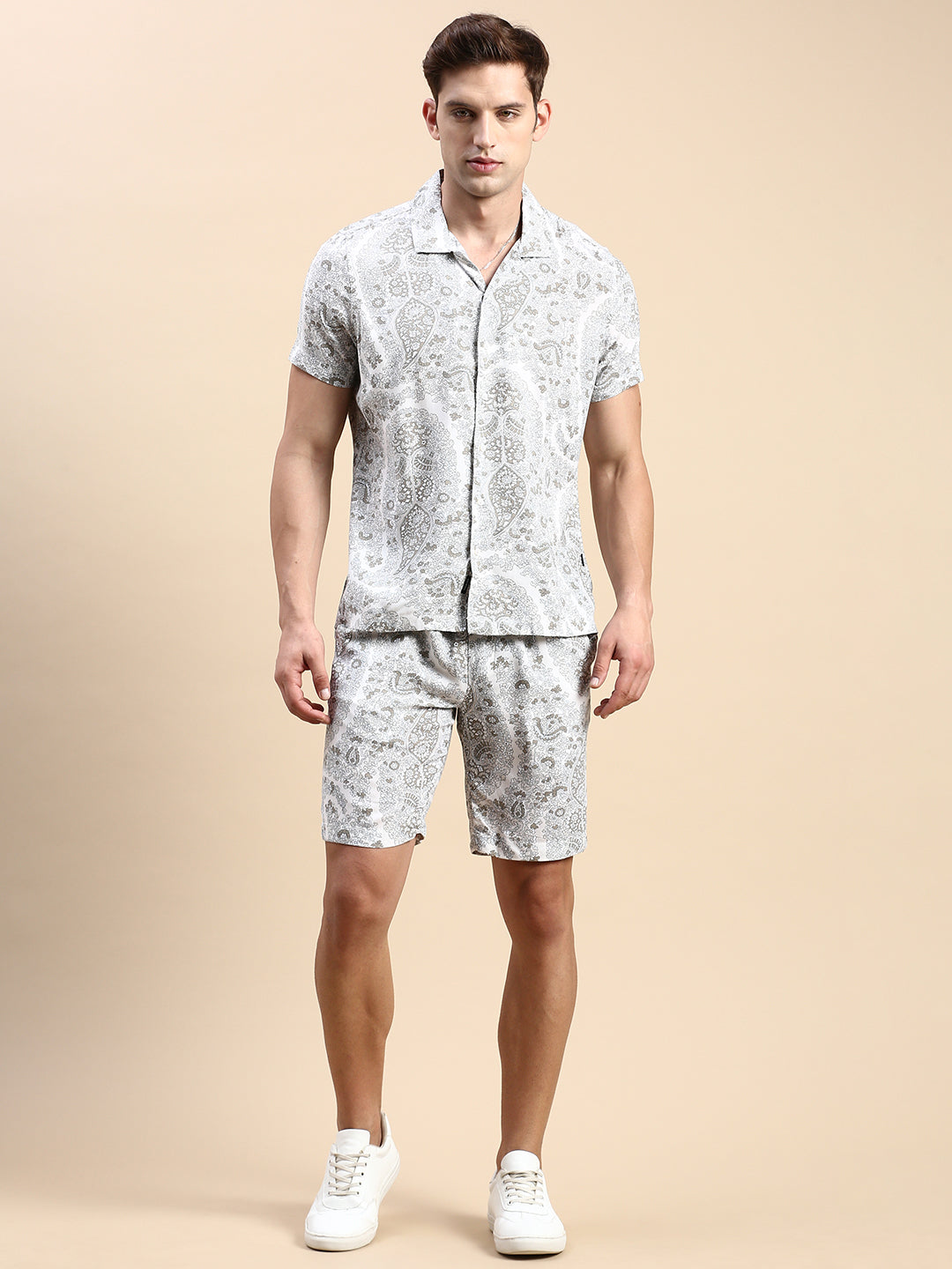 Men Cuban Collar Printed Cream Co-Ords Set