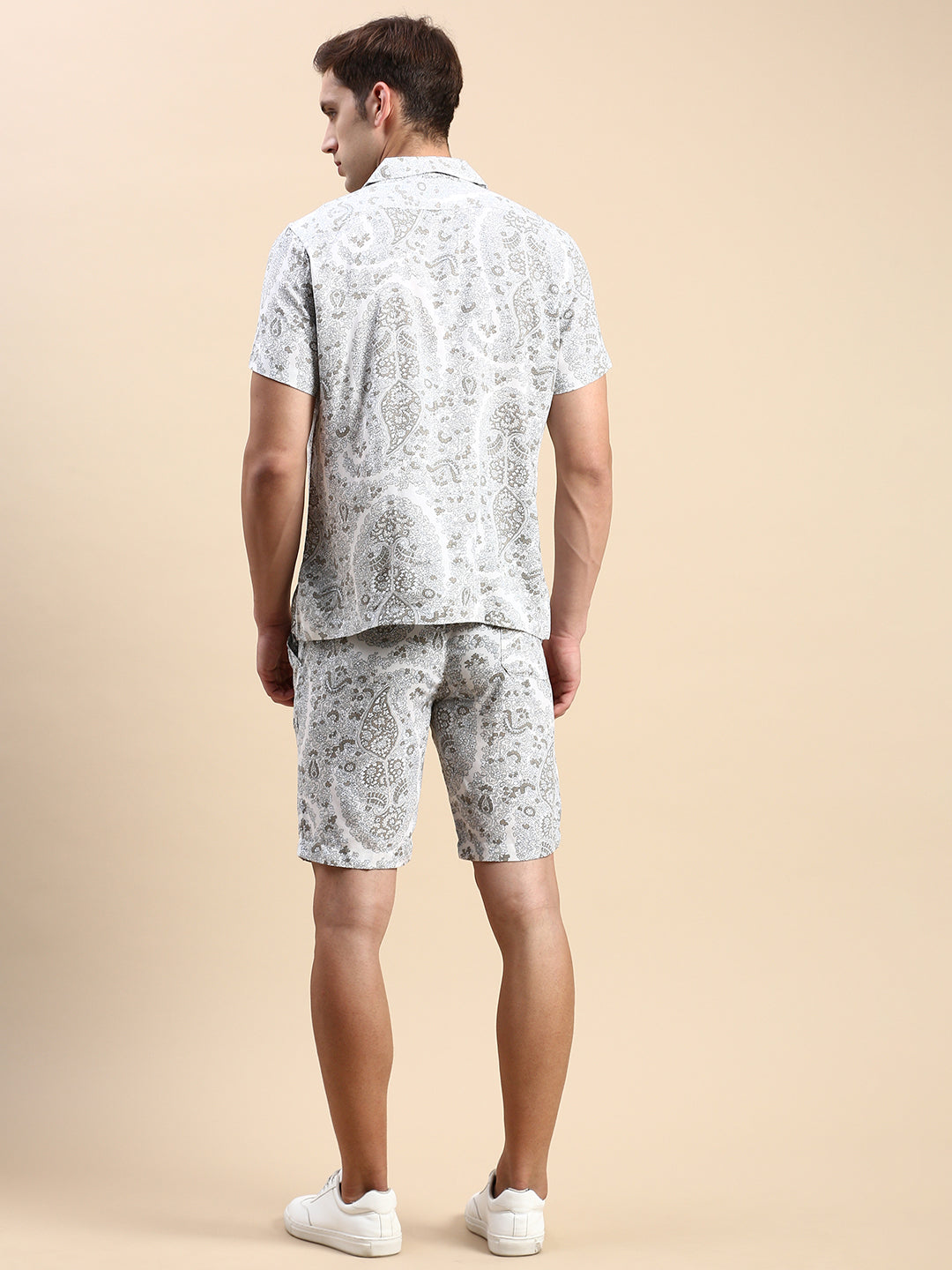 Men Cuban Collar Printed Cream Co-Ords Set