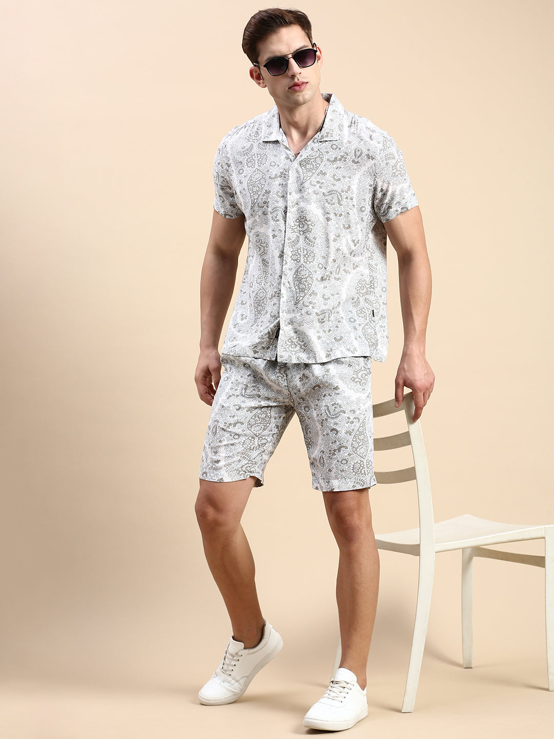 Men Cuban Collar Printed Cream Co-Ords Set