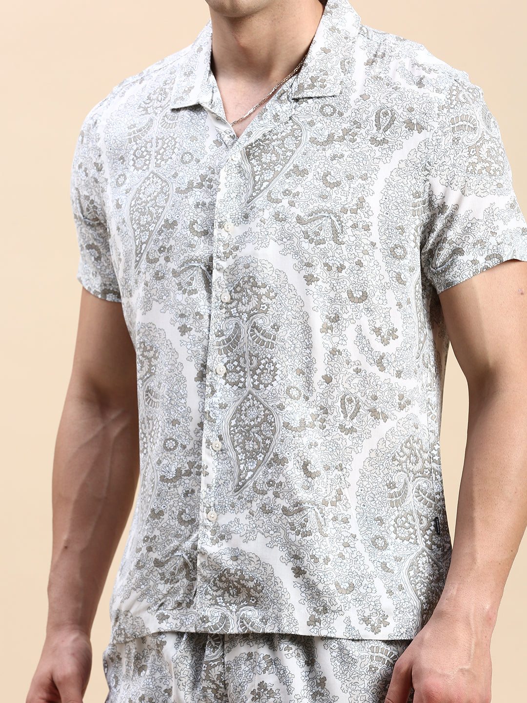 Men Cuban Collar Printed Cream Co-Ords Set