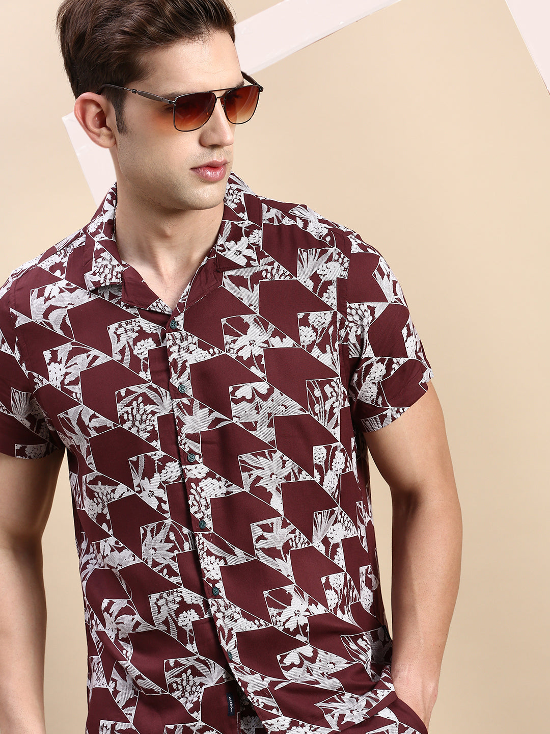 Men Cuban Collar Printed Burgundy Co-Ords Set