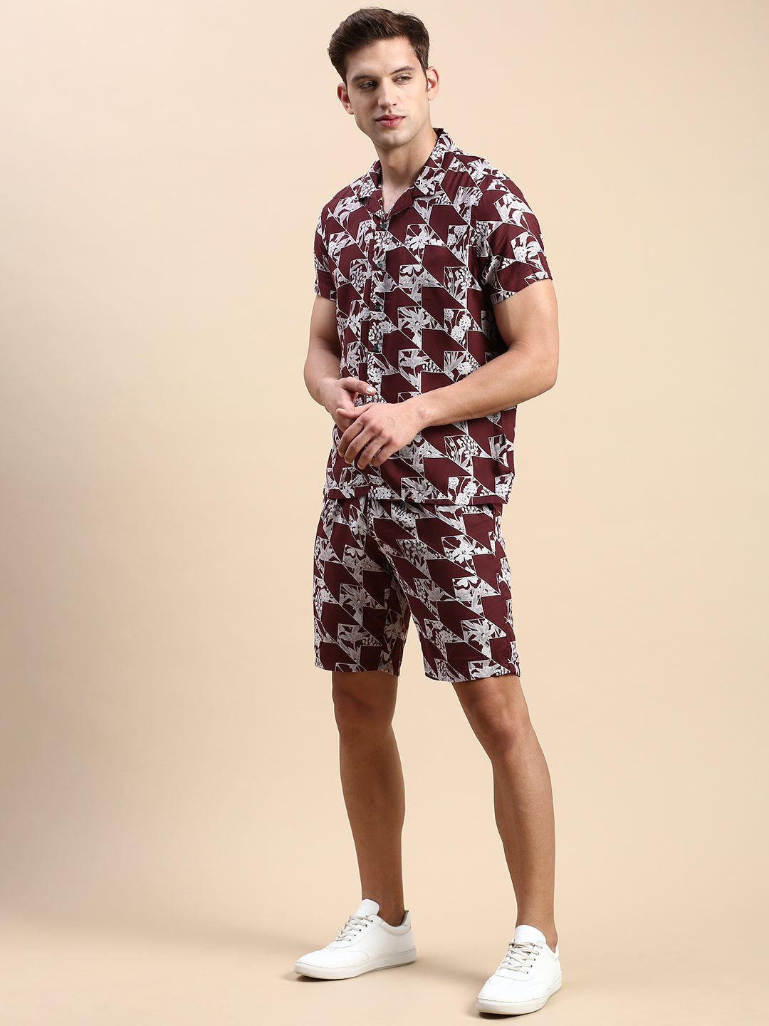 Men Cuban Collar Printed Burgundy Co-Ords Set