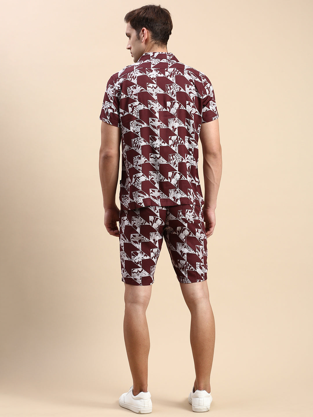 Men Cuban Collar Printed Burgundy Co-Ords Set