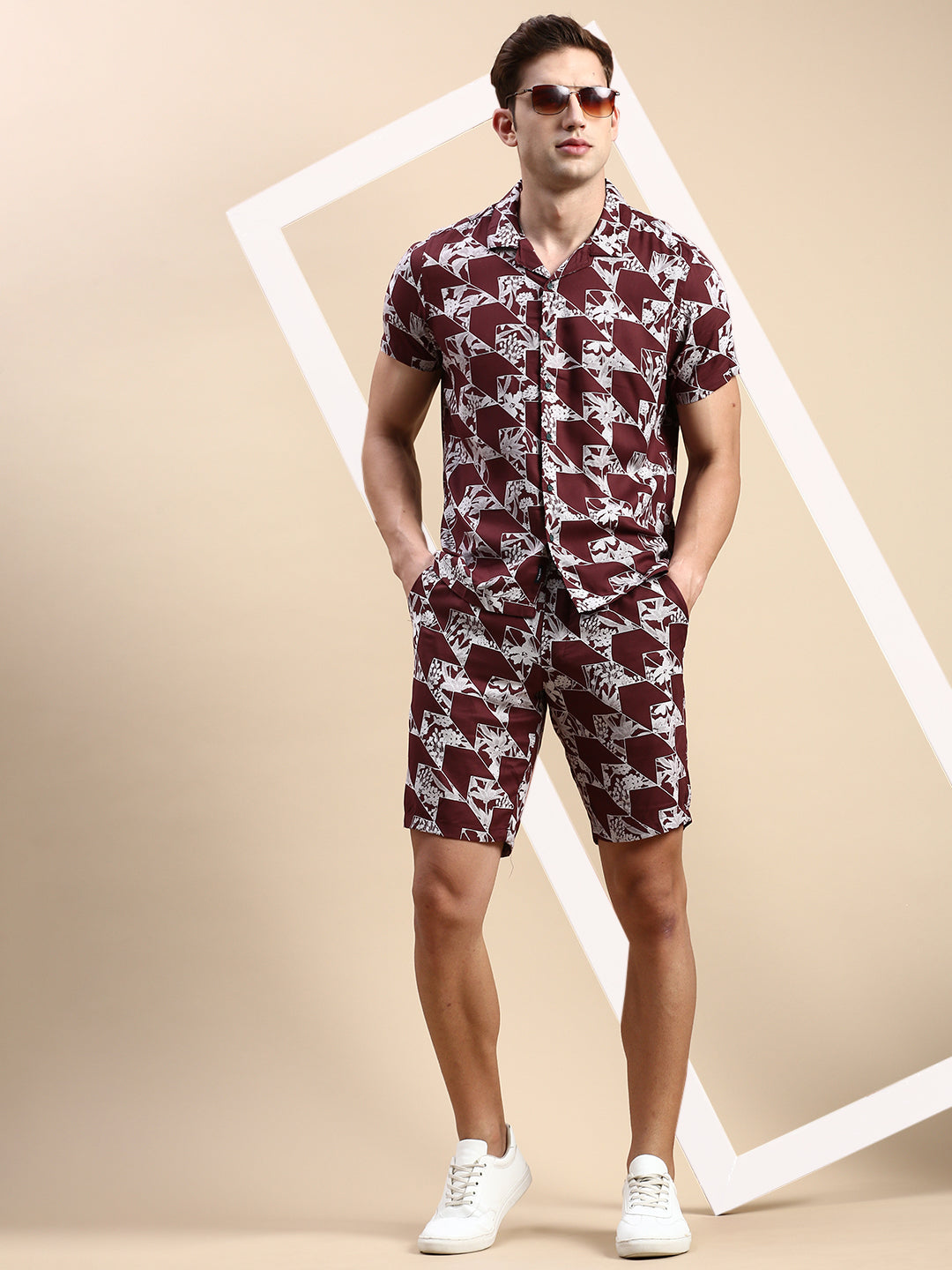 Men Cuban Collar Printed Burgundy Co-Ords Set