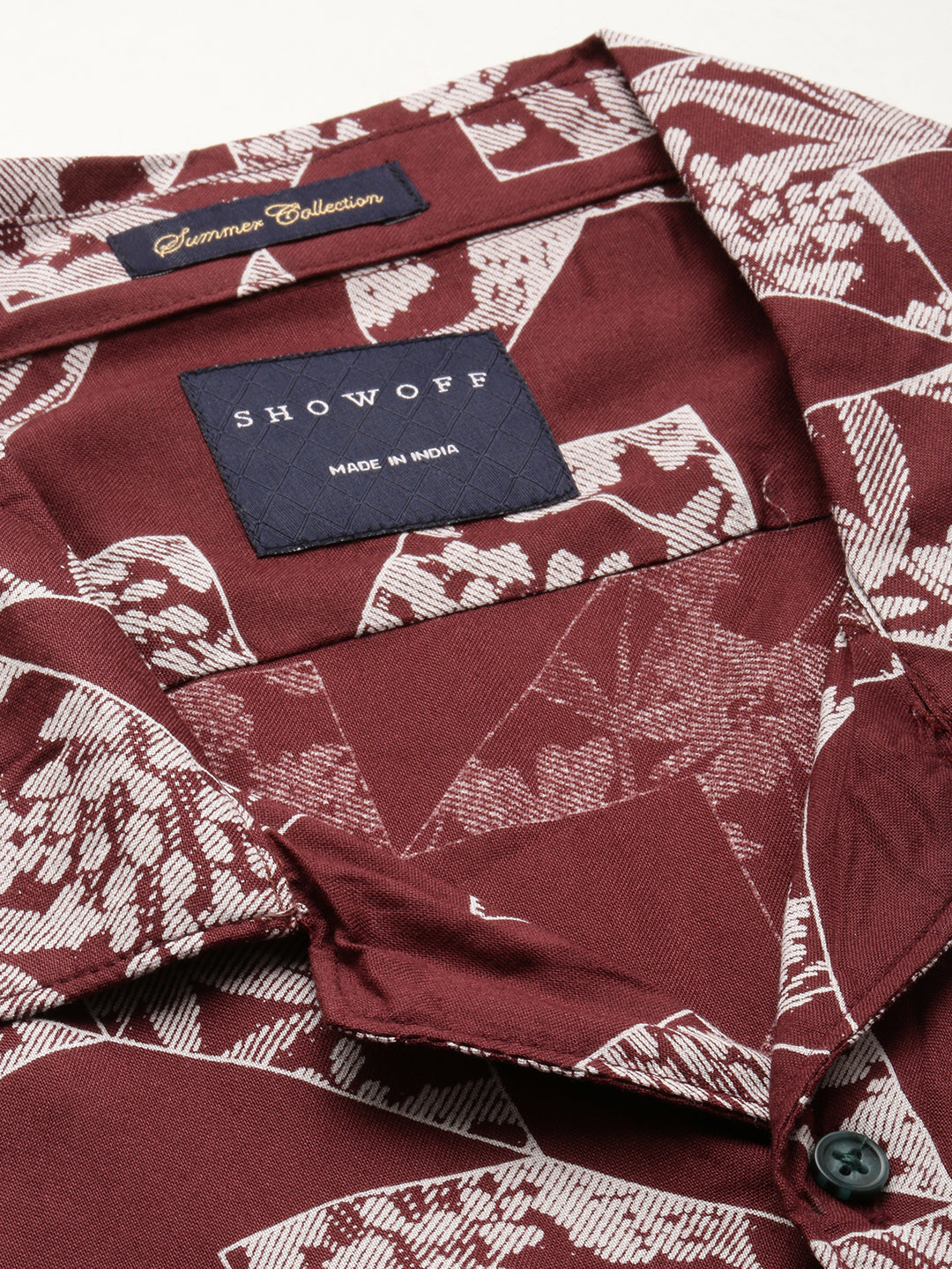 Men Cuban Collar Printed Burgundy Co-Ords Set