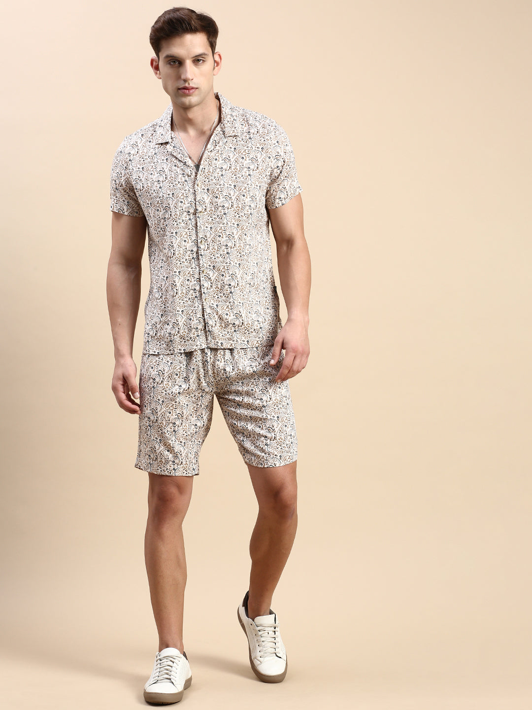 Men Cuban Collar Printed Beige Co-Ords Set