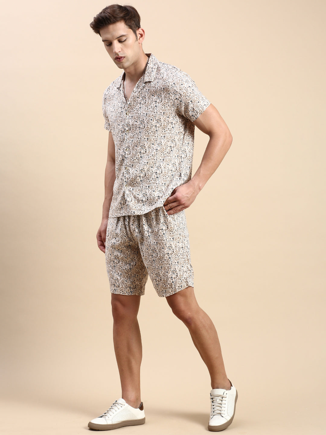 Men Cuban Collar Printed Beige Co-Ords Set