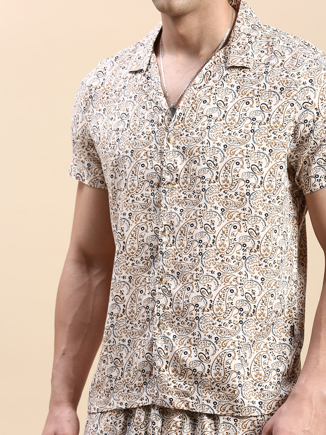 Men Cuban Collar Printed Beige Co-Ords Set