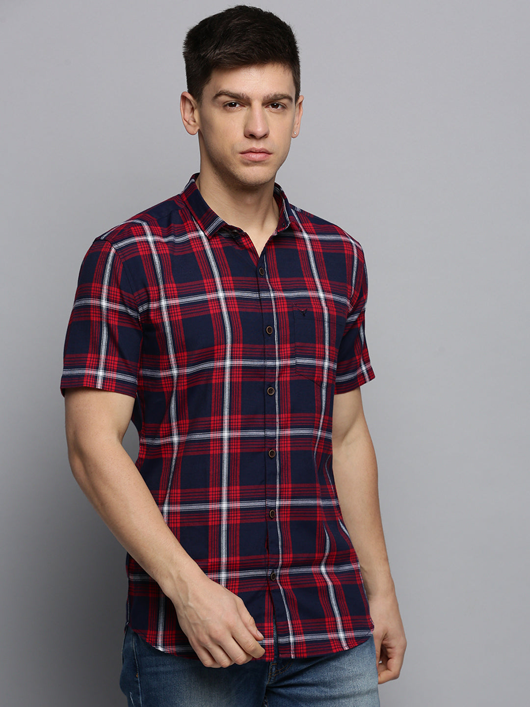 Men Spread Collar Checked Navy Blue Shirt