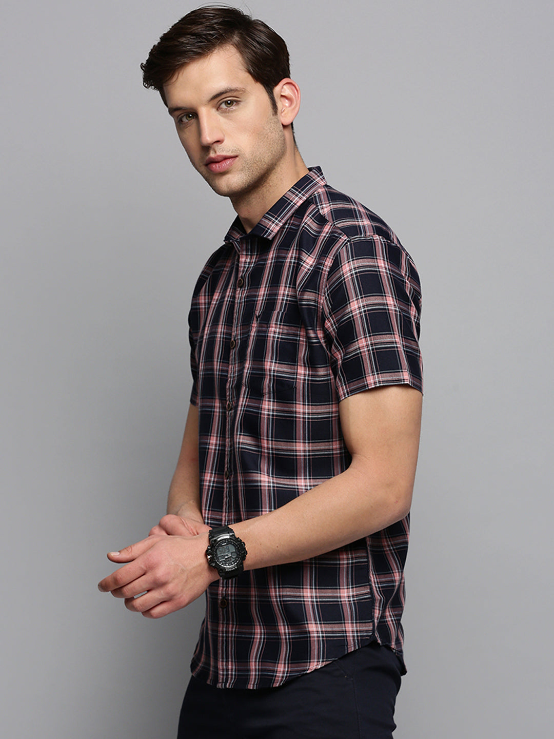 Men Spread Collar Checked Navy Blue Shirt