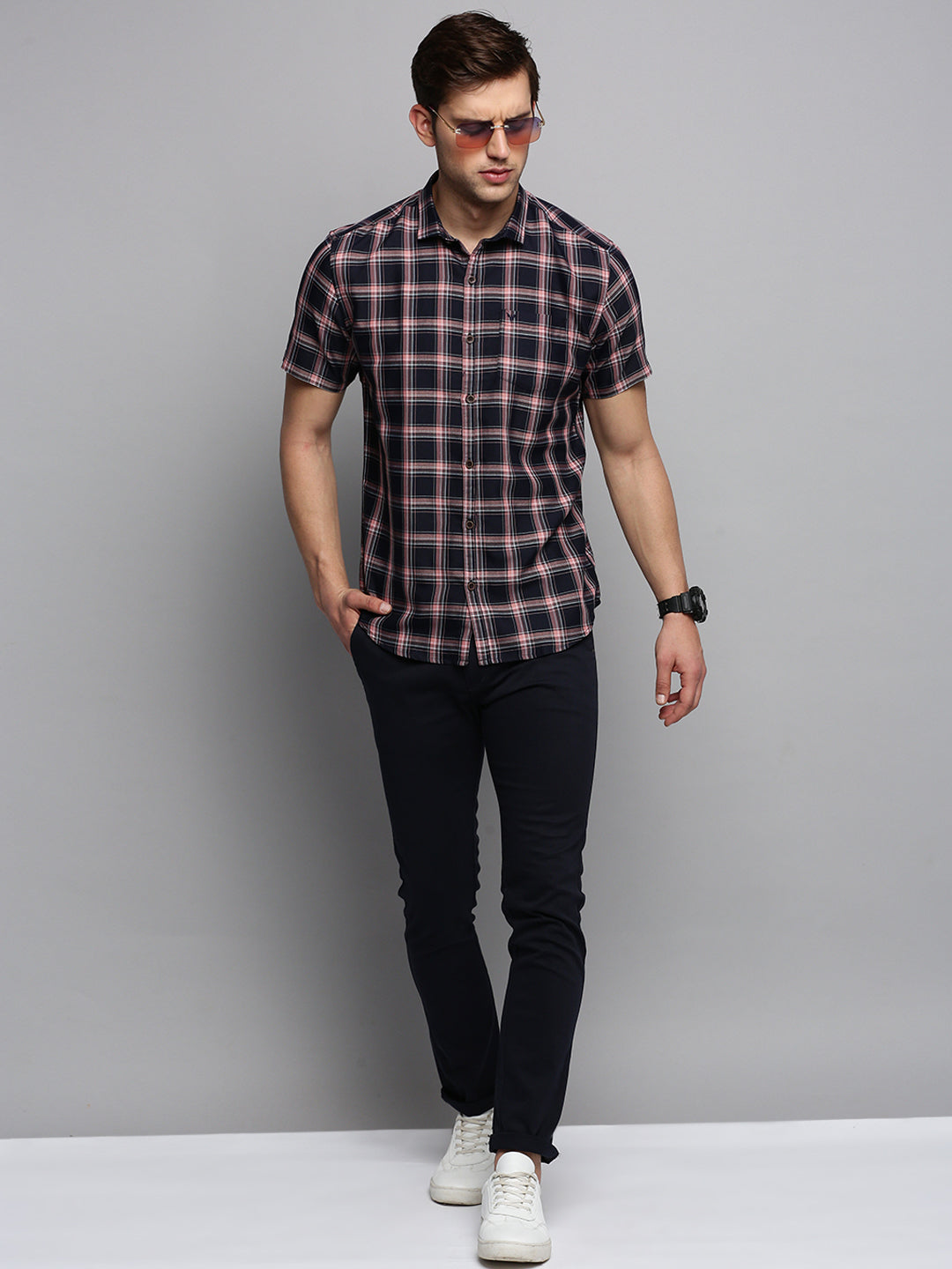 Men Spread Collar Checked Navy Blue Shirt