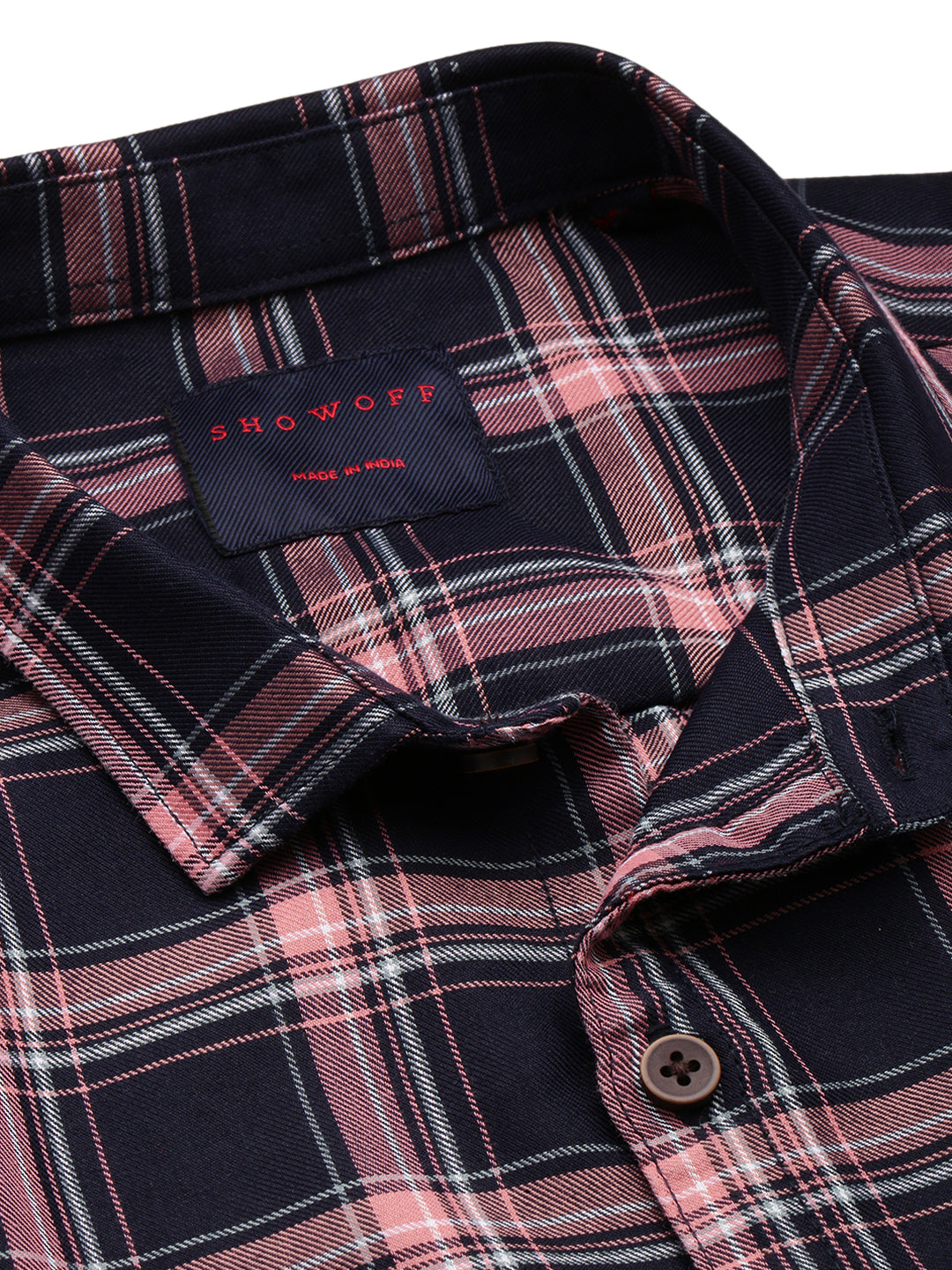 Men Spread Collar Checked Navy Blue Shirt