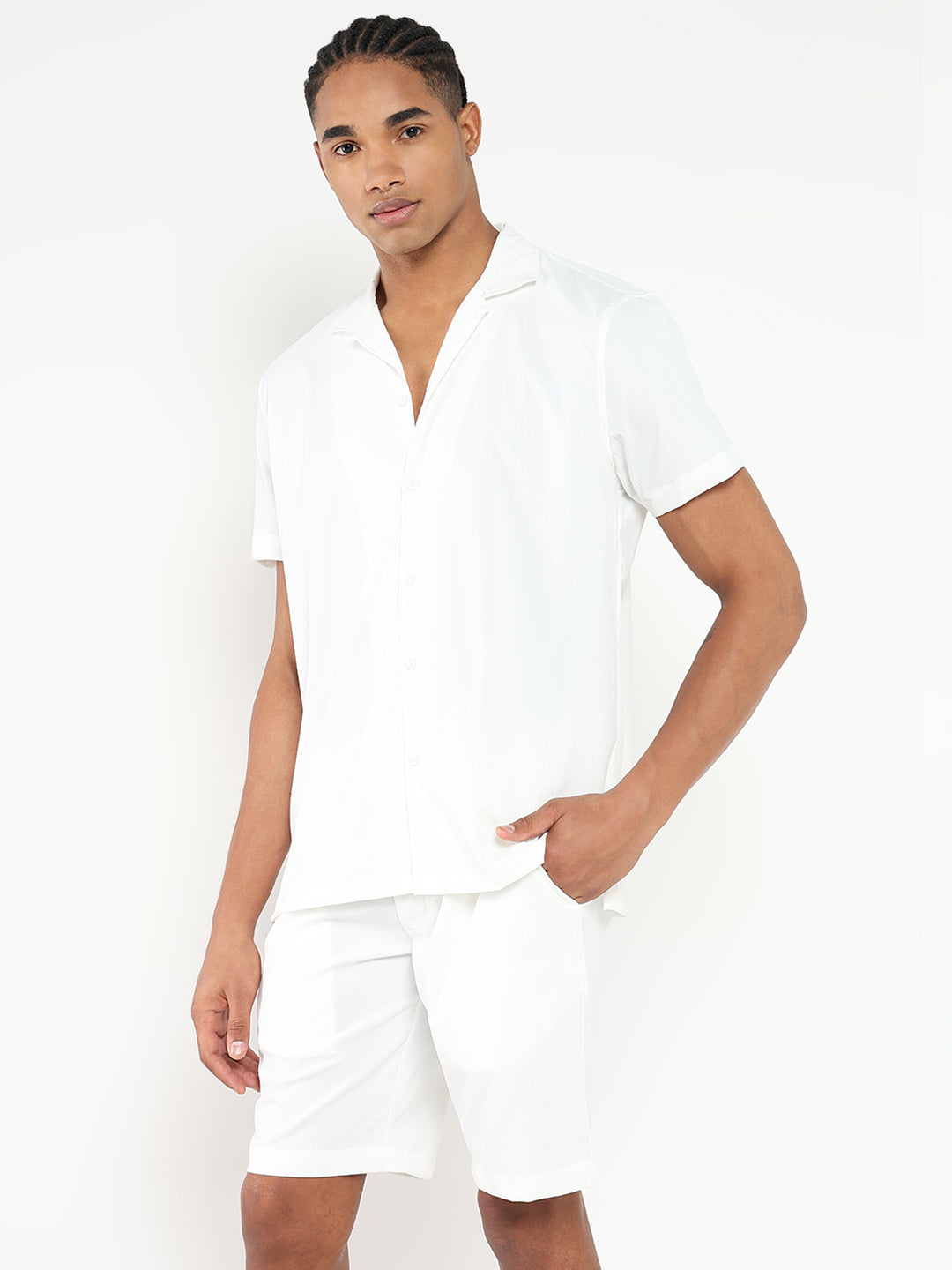 Men White Solid Co Ords Set