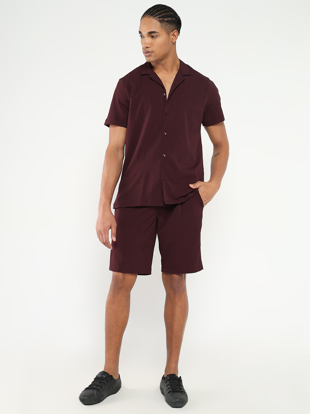 Men Maroon Solid Co Ords Set