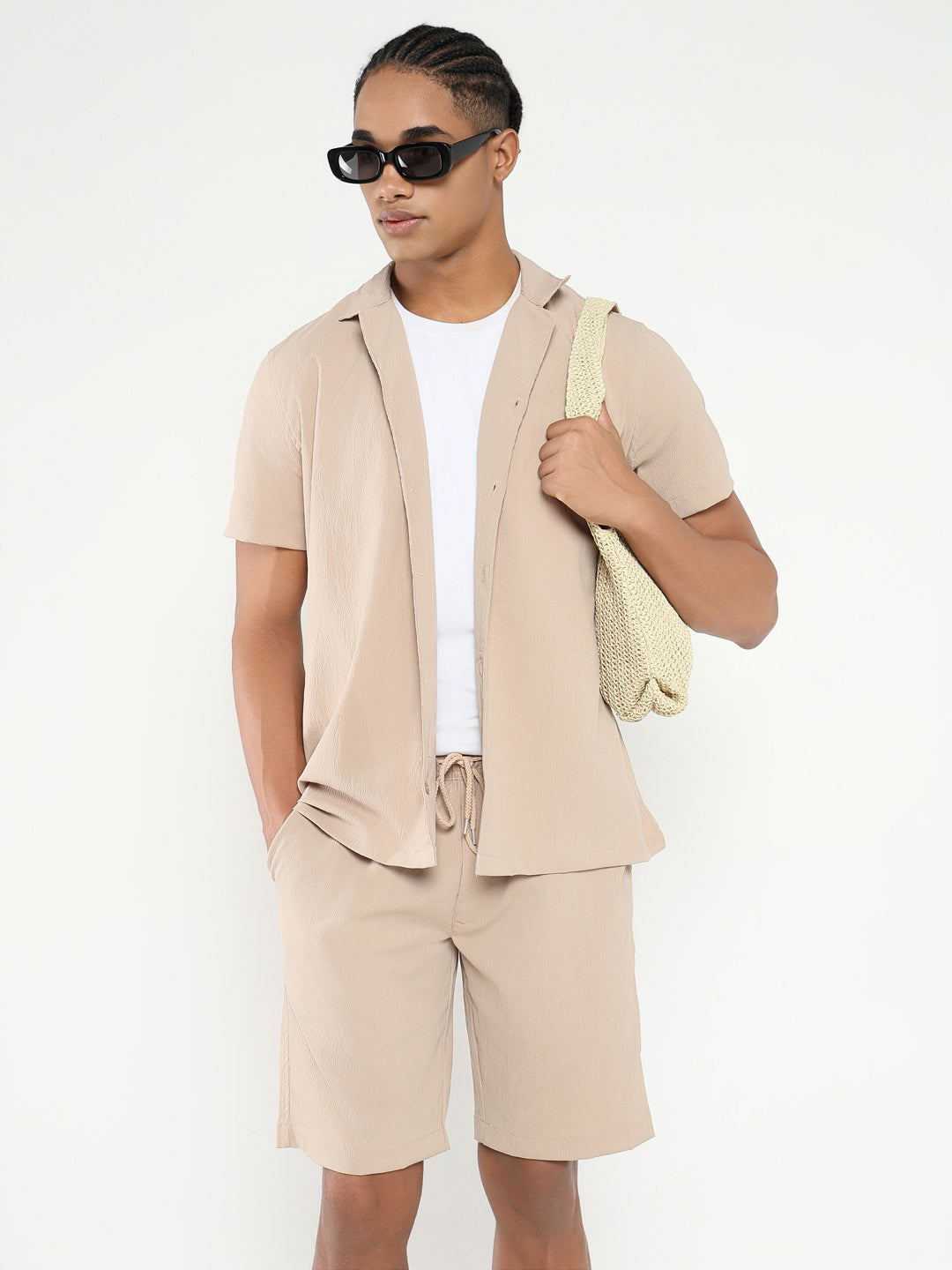 Men Beige Solid Co Ords Set