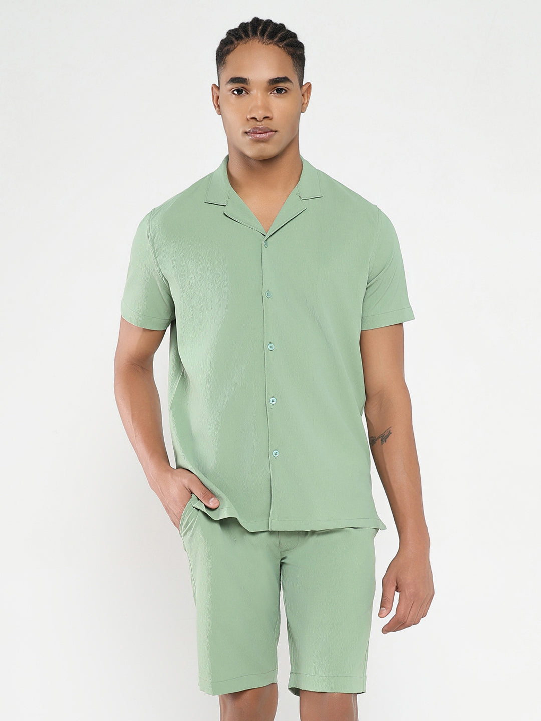 Men Green Solid Co Ords Set